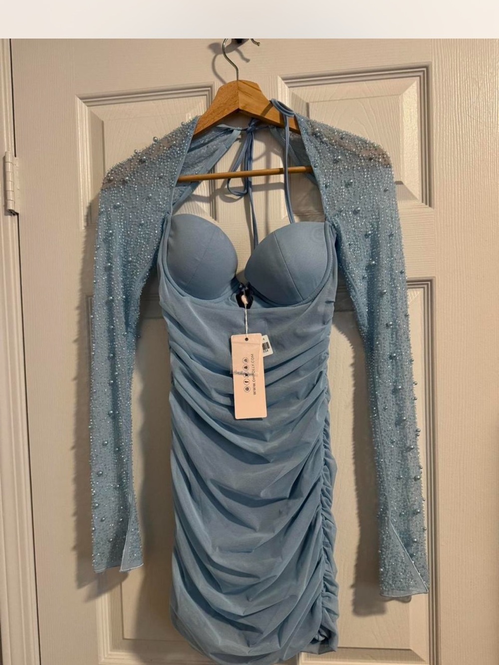 Light Blue Ruched Halter Bodycon Dress with Beaded Shrug